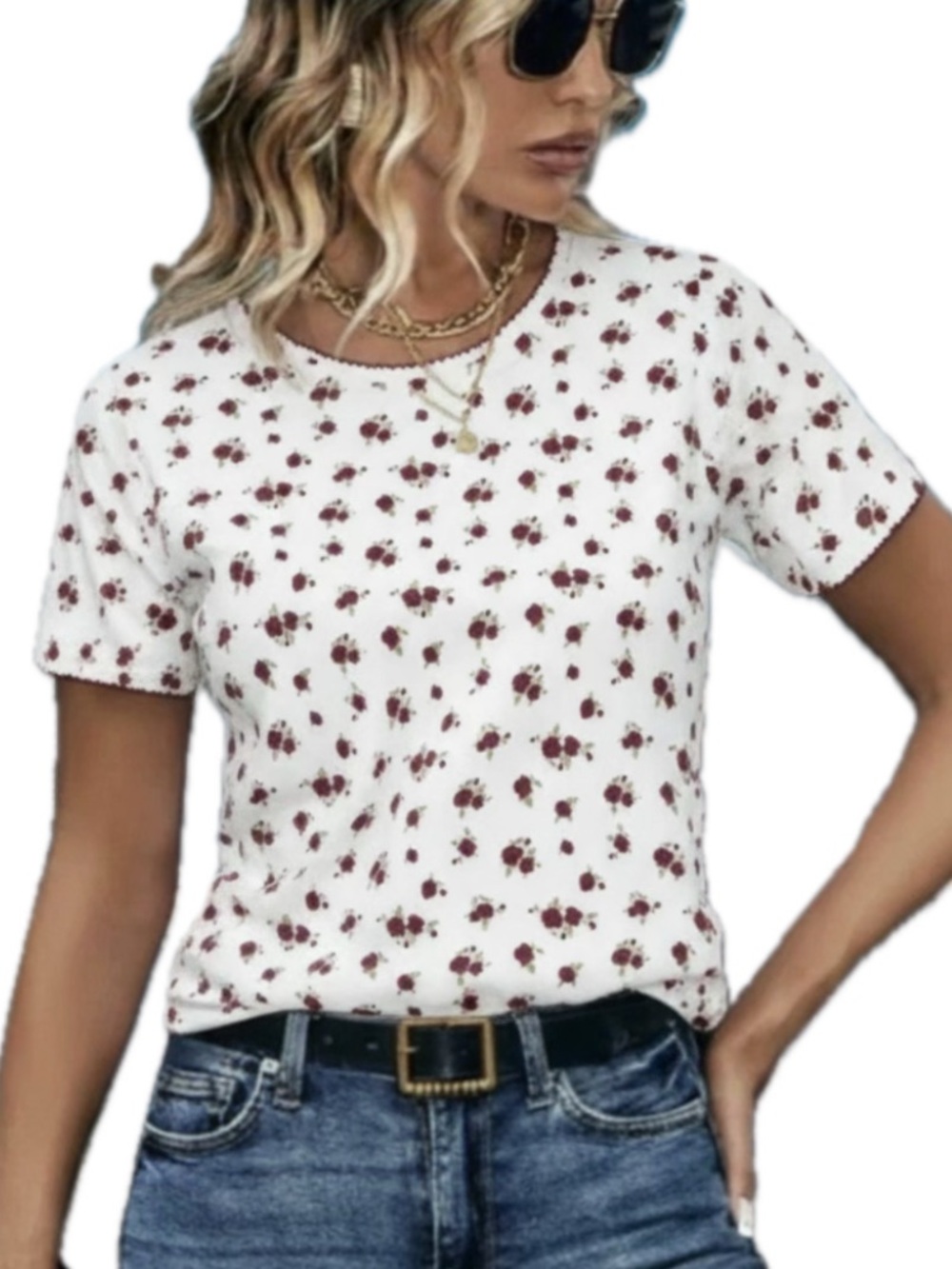 Obsessive Love White Burgundy Floral Print Short Sleeve Tee Shirt NWOT Sz M L